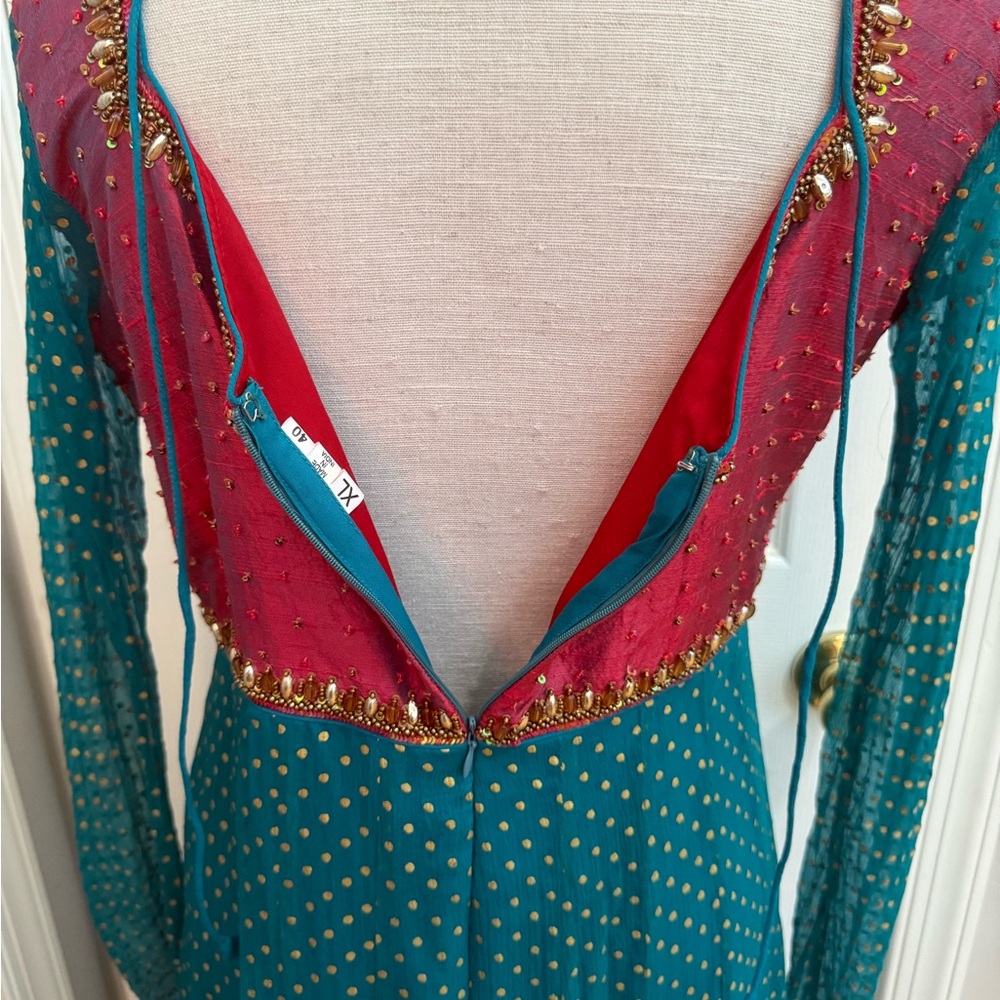 Pakistani Indian Teal and maroon Red Embellished Dress - Picture 5 of 16